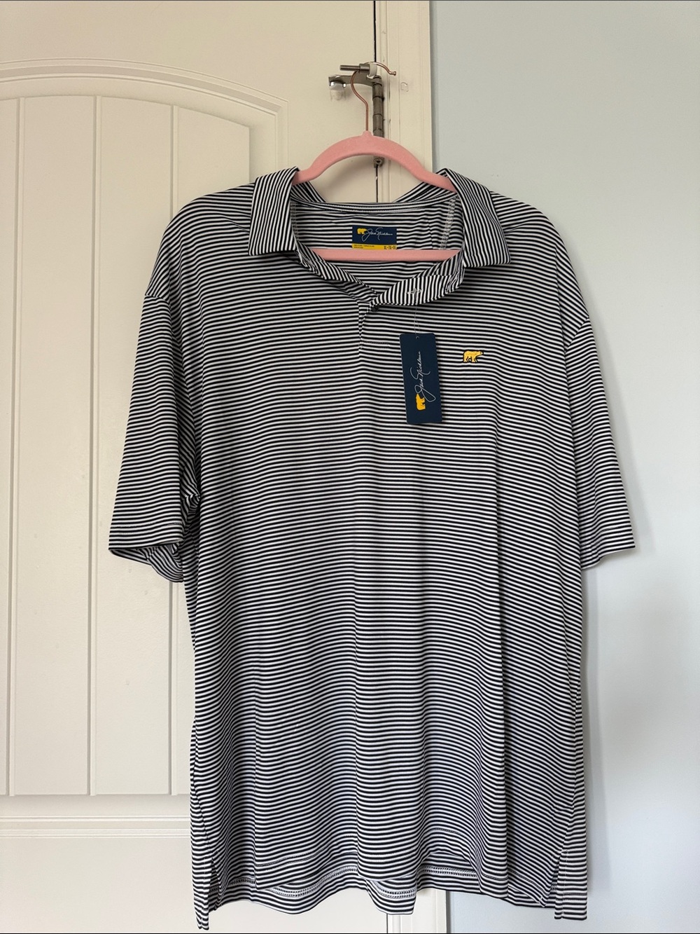 Men's Navy & White Striped Polo with Yellow Chest Accent